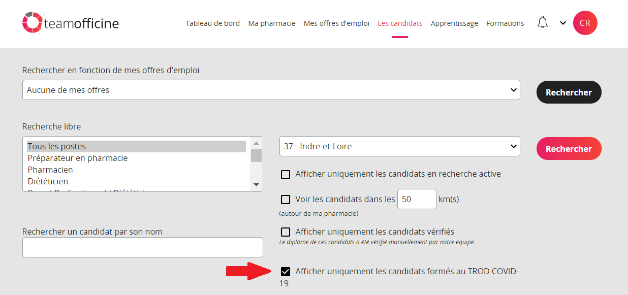 Recruteur filtre compétence TROD COVID